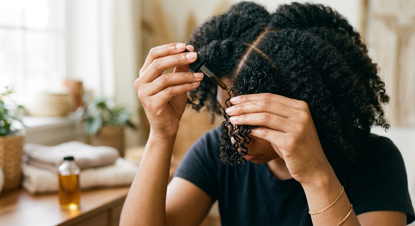 Applying scalp oil to parted hair for gentle kids braids