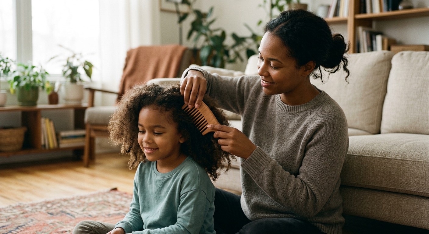 Tenderly detangling natural coiled hair before gentle kids braids