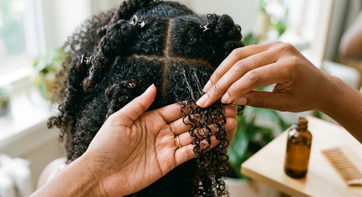 Applying botanical oil to scalp for gentle kids braids