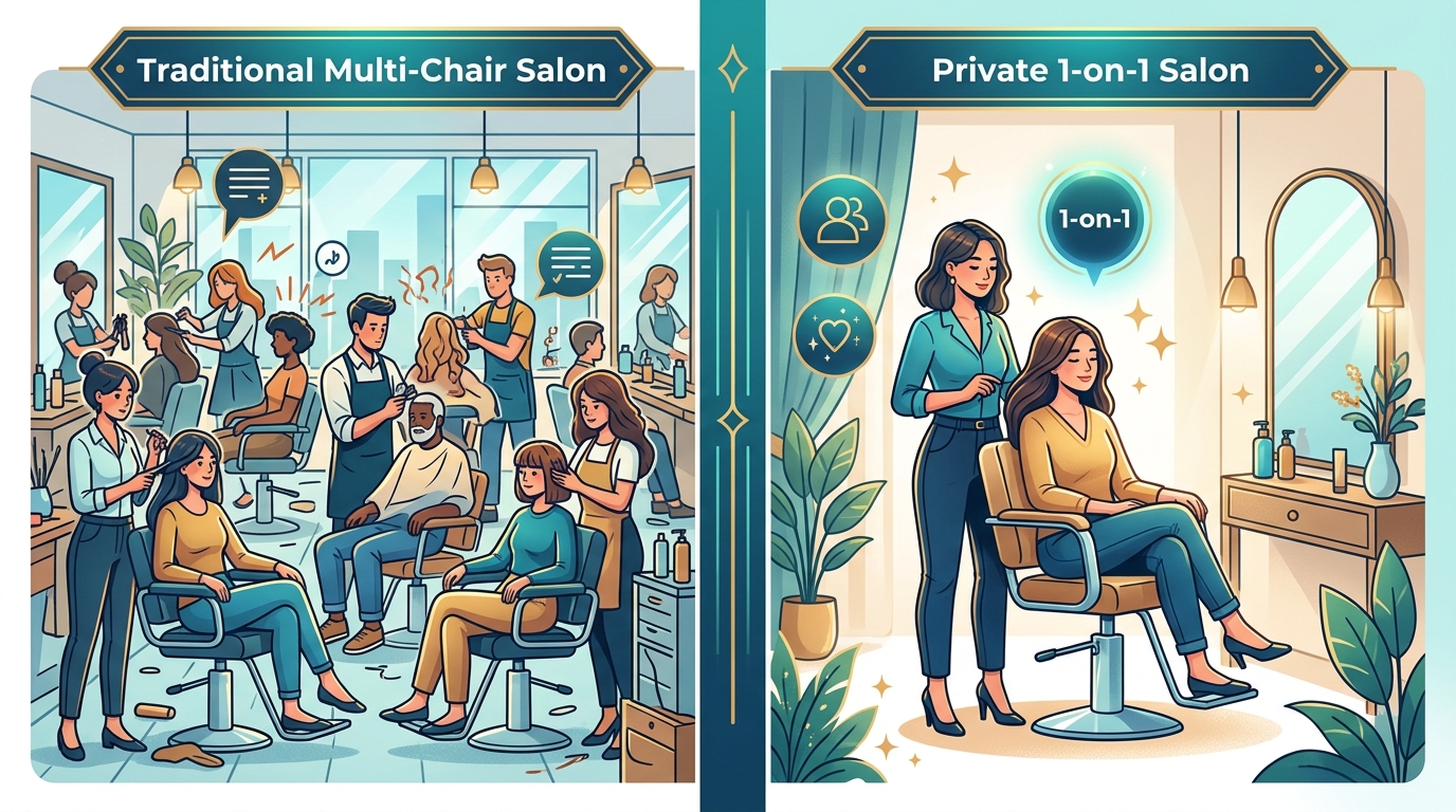 Infographic comparing private hair salon suites to busy Jonesboro salons