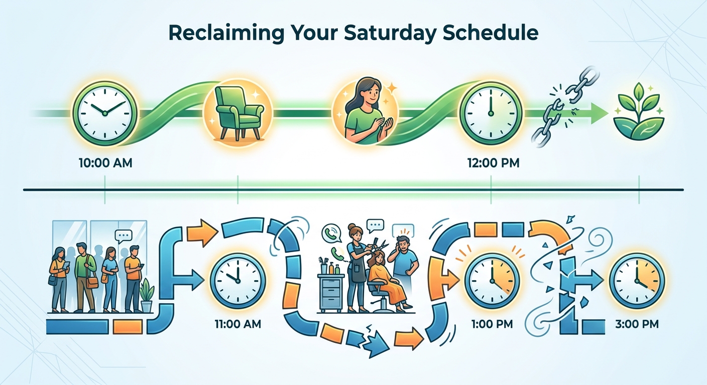 Timeline chart contrasting private hair salon efficiency with walk-in delays