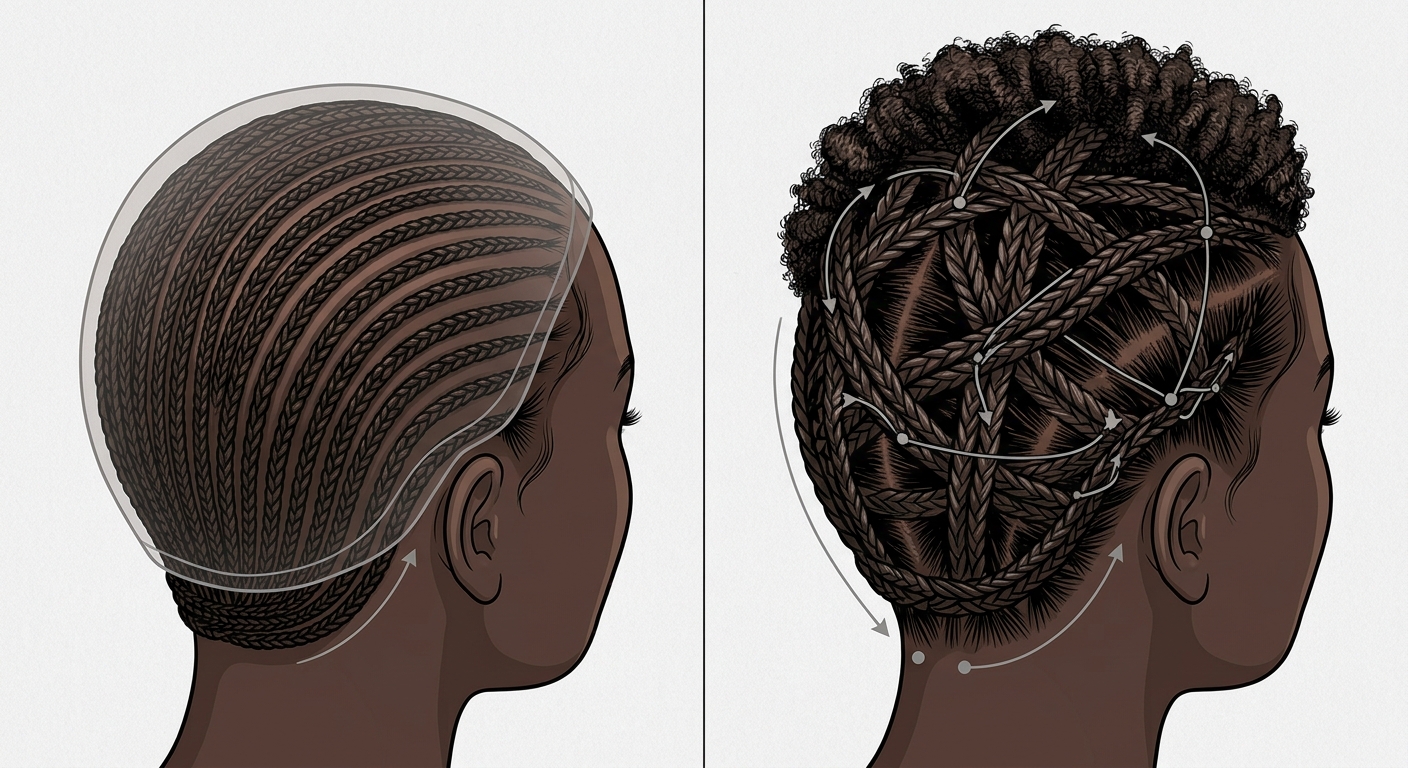 Diagram comparing straight-back and cross-over wig braid down patterns