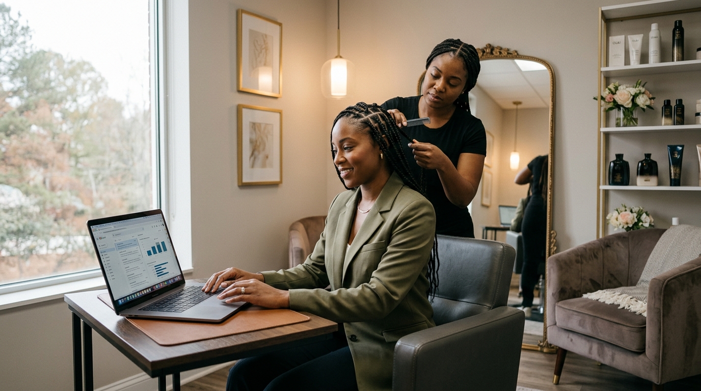 Executive receiving men braids inside a private Jonesboro GA suite