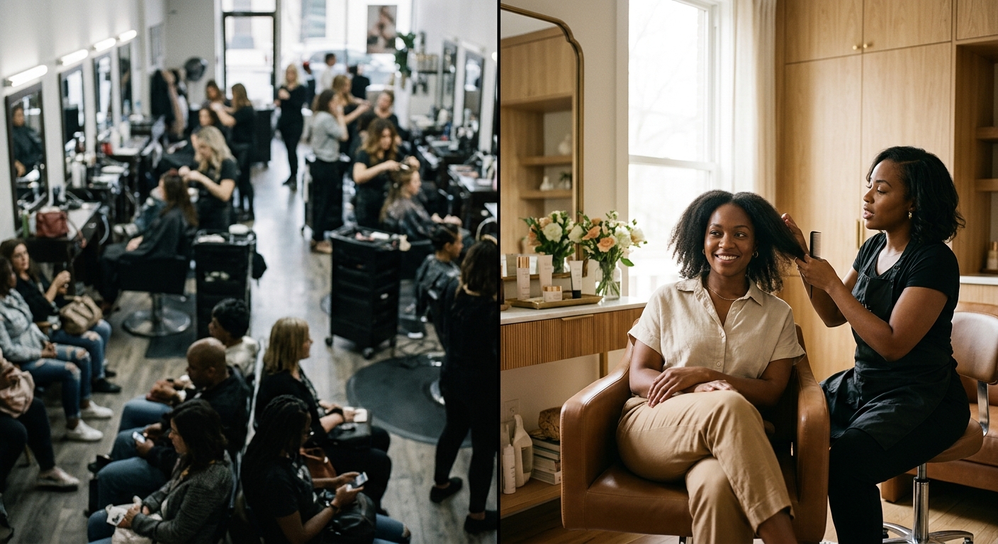 Crowded salon contrasted with private hair salon in Jonesboro
