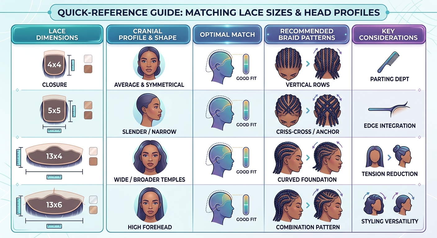 Chart matching lace sizes to braid down patterns for wigs