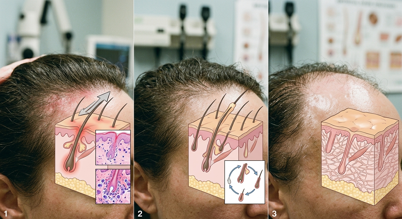 Anatomical stages of traction alopecia caused by pulling hair edges