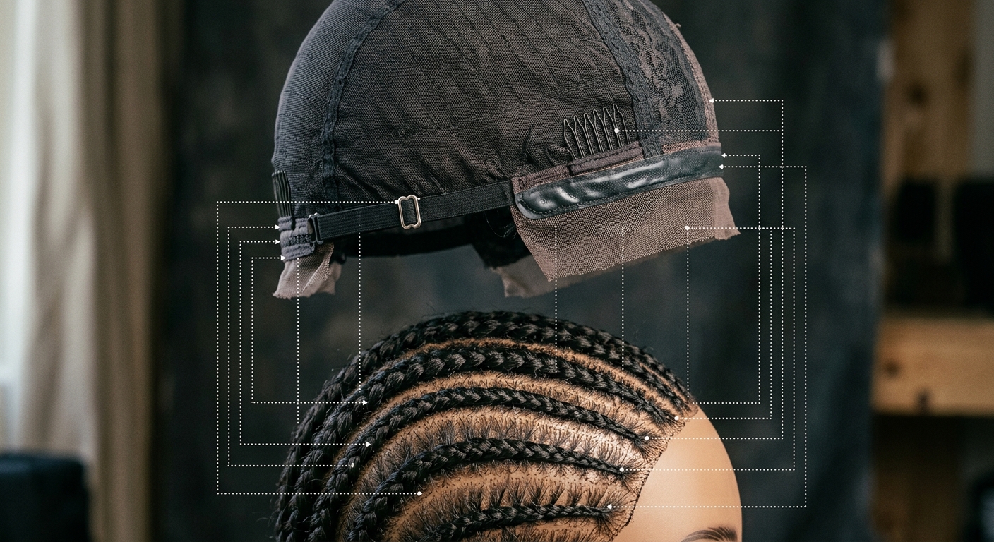 Wig cap interior mechanics aligning over anchor braid down