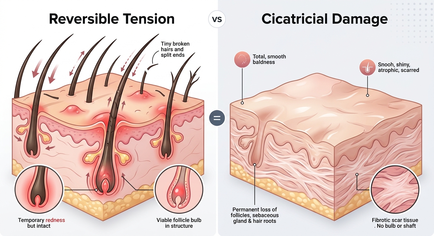 Chart comparing reversible tension bumps to cicatricial traction alopecia