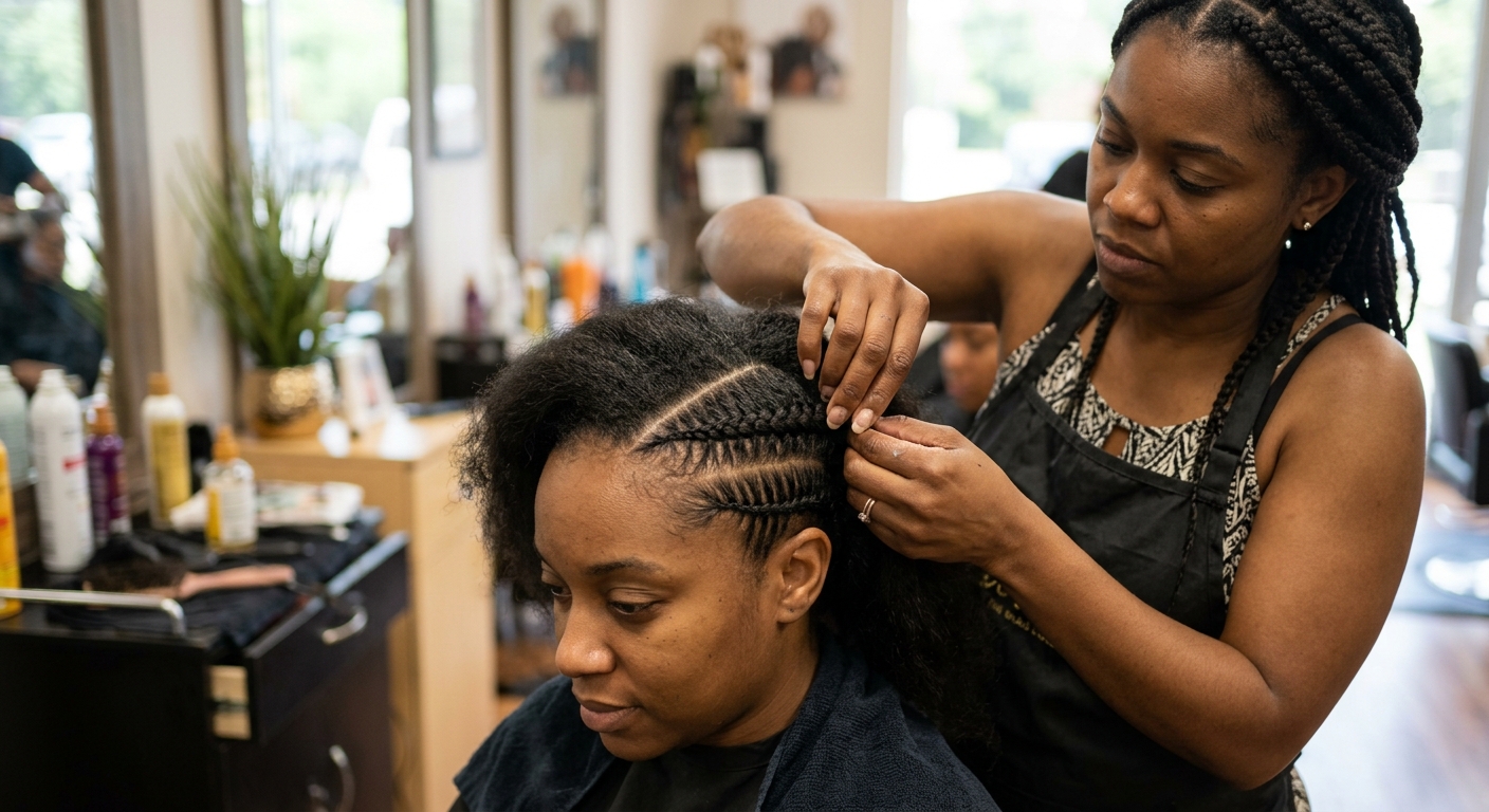 Stylist creating low-tension perimeter braid down in South Atlanta