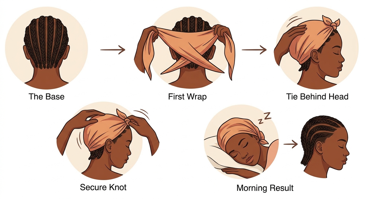 Silk scarf wrap diagram to keep wig braid down flat