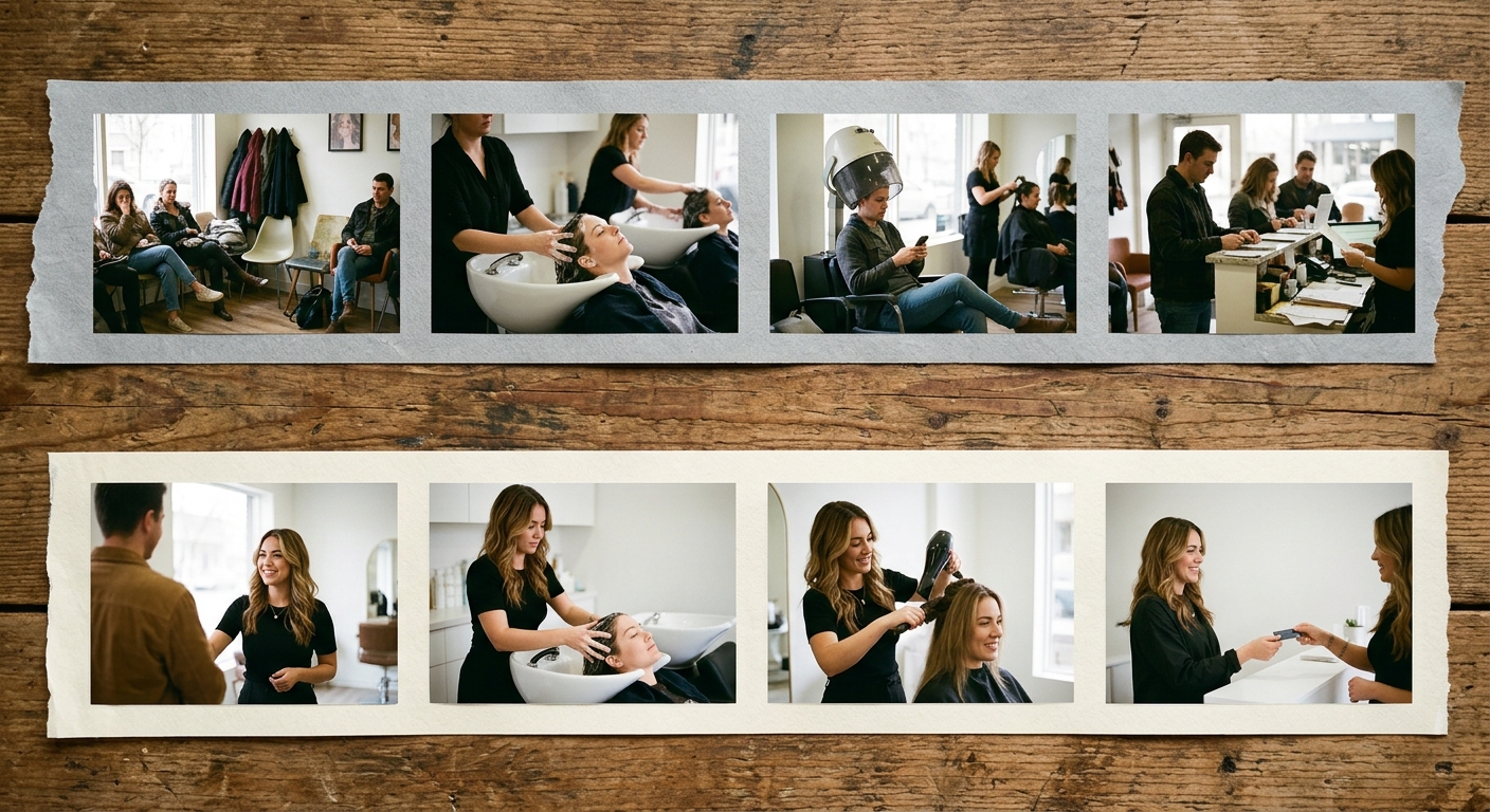 Timeline comparing walk-in delays to private hair salon sessions