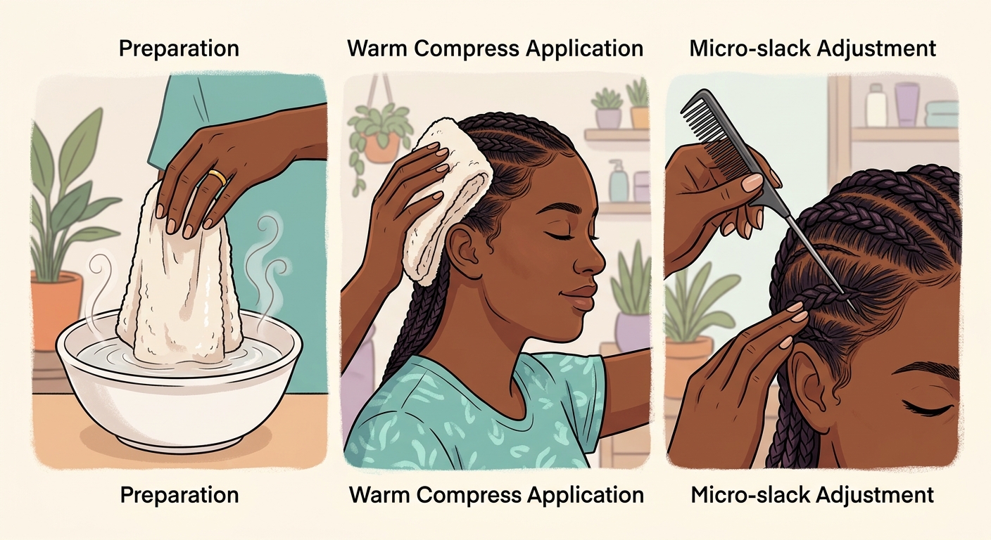 Warm compress soothing tight cornrows for traction alopecia prevention